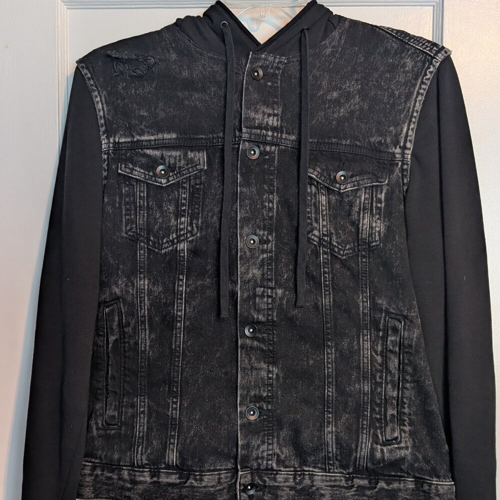 H&M Divided Distressed Denim Jacket with Black Hoodie Sleeves - Size Medium